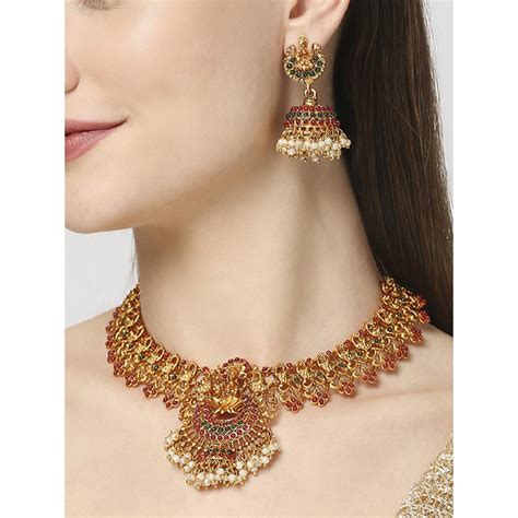 Buy Oomph Antique Gold Tone Red Green Stone Necklace Set With Jhumka