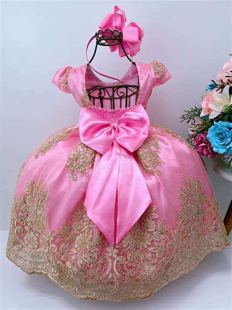 Vestido Infantil Rosa Renda Dourada P Rolas Realeza Rosa Charmosa