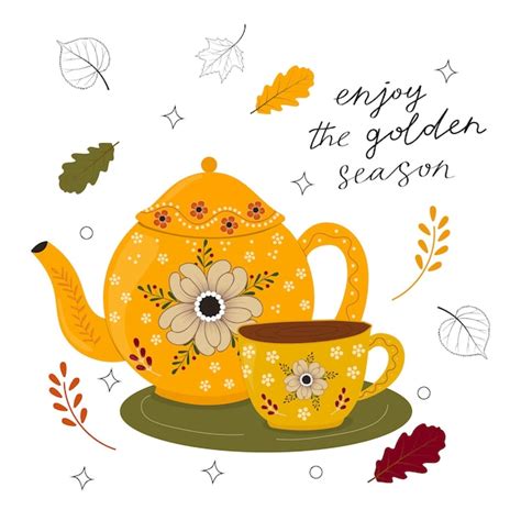 Premium Vector Autumn Hot Tea Cartoon Cozy Card