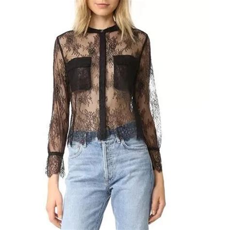 Novas Mulheres Sólidos Sexy de Renda Preta Transparente Blusa 2017 Moda