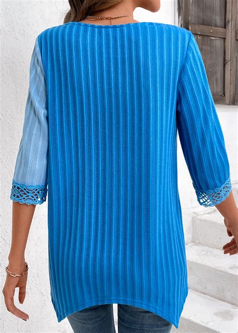 Sky Blue Patchwork Three Quarter Length Sleeve Blouse Modlily