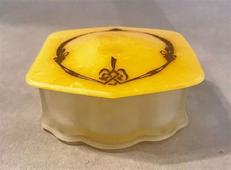 Old Art Deco Dresser Jar Powder Box Frosted Glass Base W Yellow Celluloid Lid Ebay