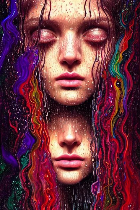 Portrait Of A Girl In Psychedelic Lsd Rain With Wet Stable Diffusion