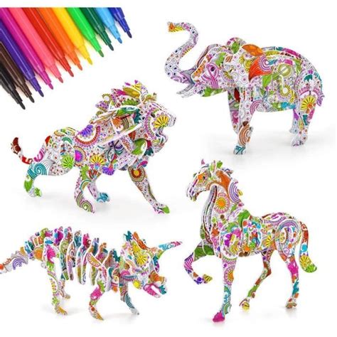 Puzzle 3D Animaux MARSEE 4 pièces 12 stylos de couleur