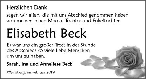 Traueranzeigen Von Elisabeth Beck Trauerundgedenken De