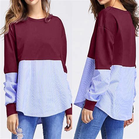 Buy Women Fashion Autumn Long Sleeve O Neck Striped Patchwork Pullover