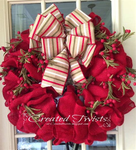 Created Twists Red Burlap Christmas Wreath With Striped Ribbon And Twigs And Berries