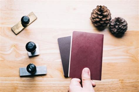 Premium Photo High Angle View Of Hand Holding Passports Over Pine