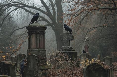 Premium Ai Image Two Crows Sitting On Top Of Headstones In A Cemetery