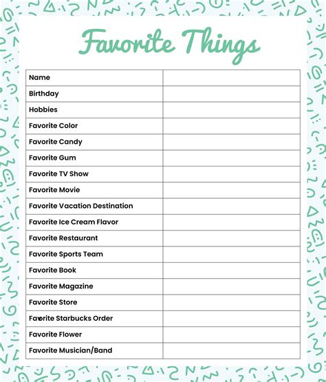 My Favorite Things Printable Template