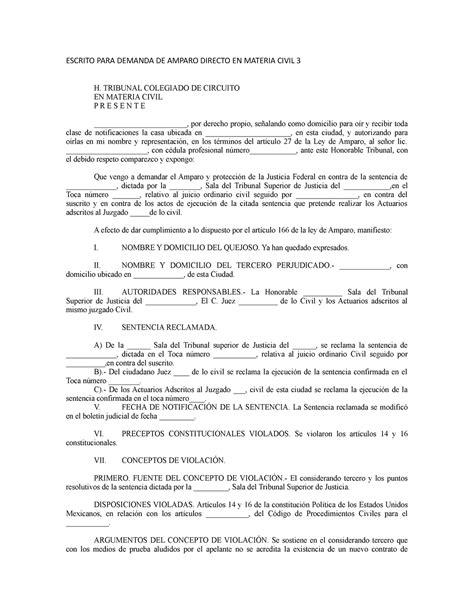 Escrito Para Demanda De Amparo Directo En Materia Civil Escrito