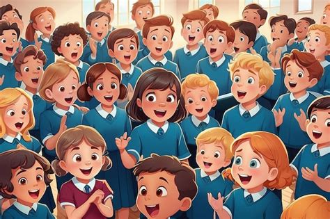 Grupo De Desenhos Animados De Crian As Cantando No Coro Da Escola