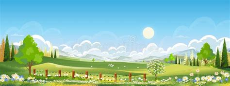 Nature Spring Rural Farm Landscape With Green Field With Cloud Blue