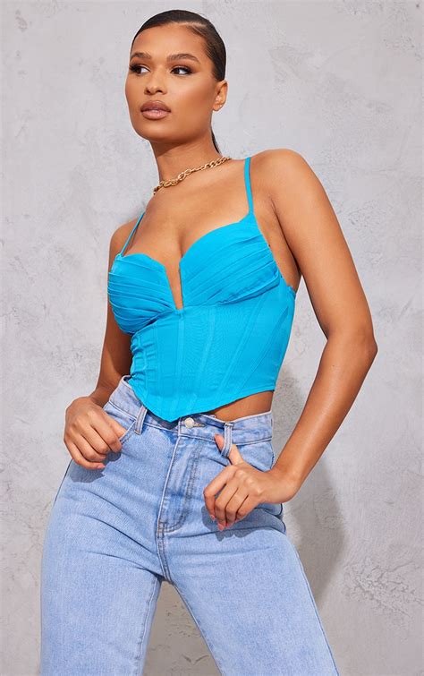 Bright Blue Strappy Pleated Bust Corset Crop Top Tops Prettylittlething Ca