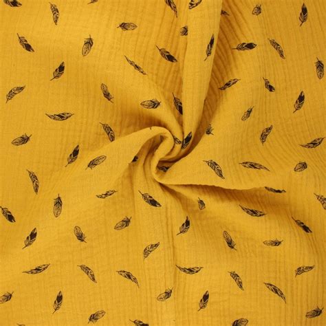 Tissu Double Gaze De Coton Plumes Jaune Moutarde Ma Petite Mercerie