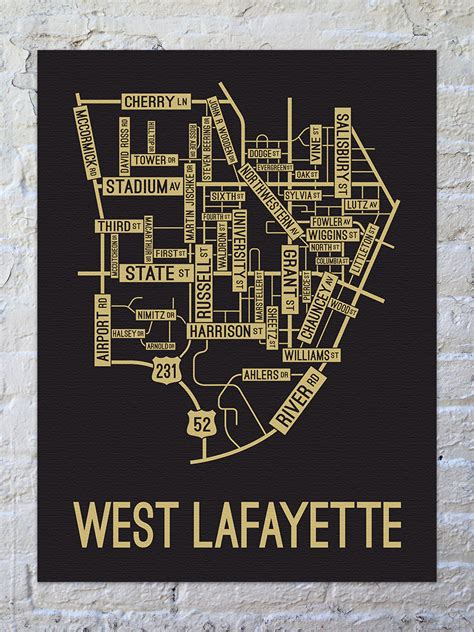 West Lafayette Indiana Street Map Canvas School Street Posters