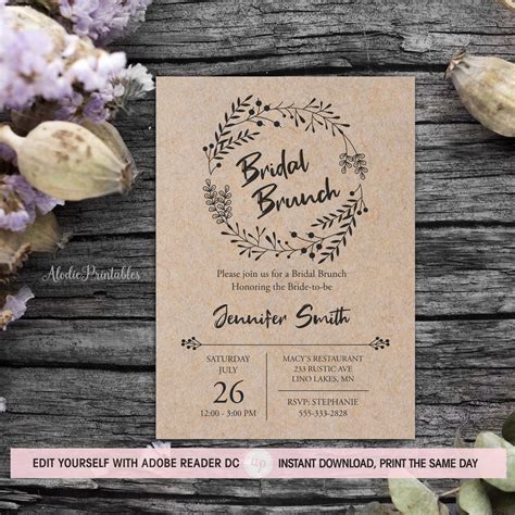 Rustic Bridal Shower Invitation Template, Bridal Brunch Invite, Instant ...