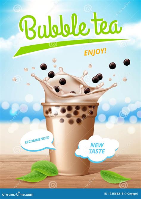 Bubble Tea Poster Flowing Milk Delicious Tapioca Drinks With Splashes