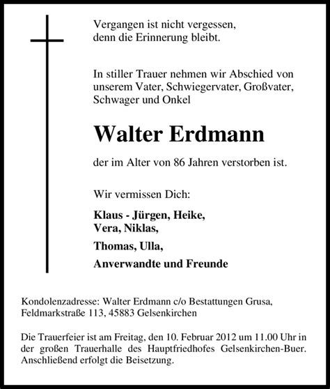 Traueranzeigen Von Walter Erdmann Trauer In Nrw De