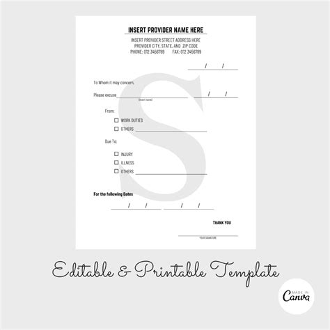 Editable Doctors Excuse Note Printable Doctor Excuse Letter Doctors