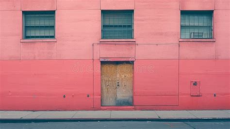 Red Building With A Yellow Fire Hydrant In Front Of It Stock