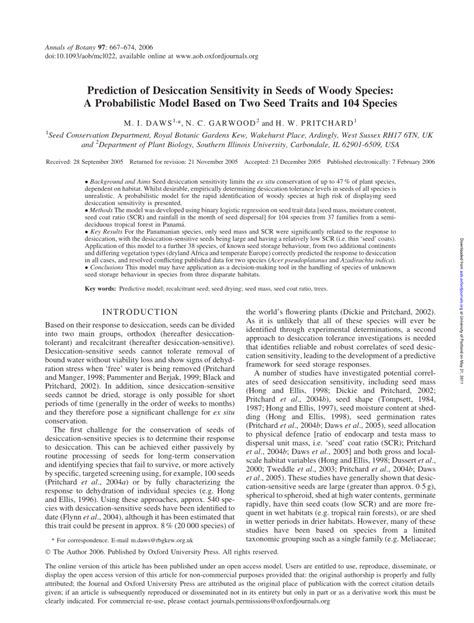 PDF Prediction Of Desiccation Sensitivity In Seeds Of Woody Species