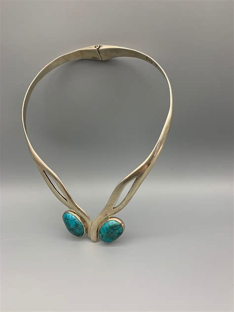 Vintage Modernist Hinged Collar Necklace Chrysocolla Sterling Silver