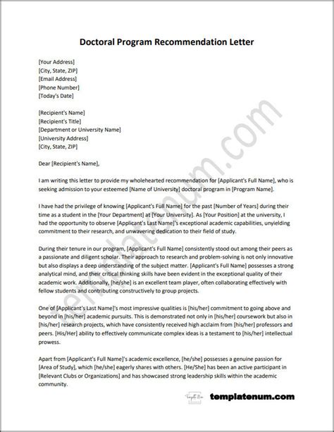 Doctoral Program Recommendation Letter Template