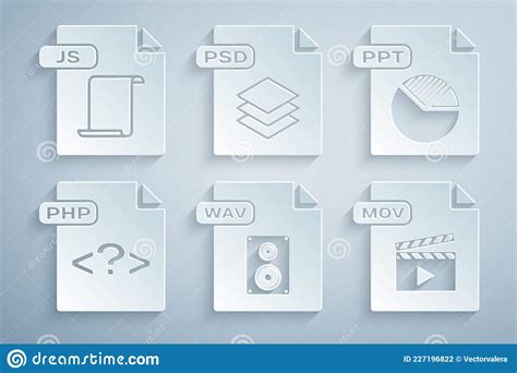 Set Wav File Document Ppt Php Mov Psd And Js Icon Vector Stock