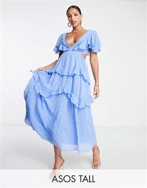 Asos Design Tall Dobby Tiered Midi Dress With Lace Insert And Open Back