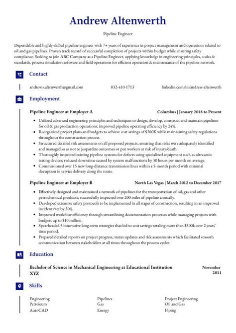 Pipeline Engineer Resume Cv Example And Writing Guide