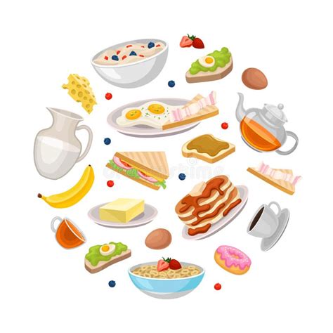 Breakfast Dishes Of Circular Shape Sandwich Fried Eggs Bacon