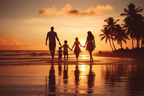 Una Familia Camina Por La Playa Al Atardecer Foto Premium