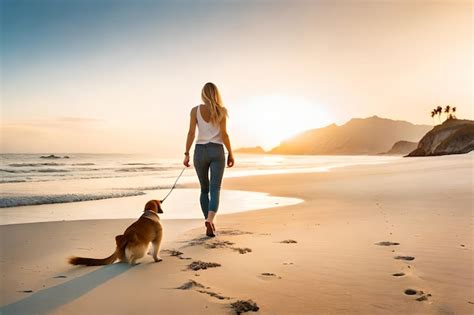 Una Mujer Paseando A Un Perro En Una Playa Con Un Perro En La Playa