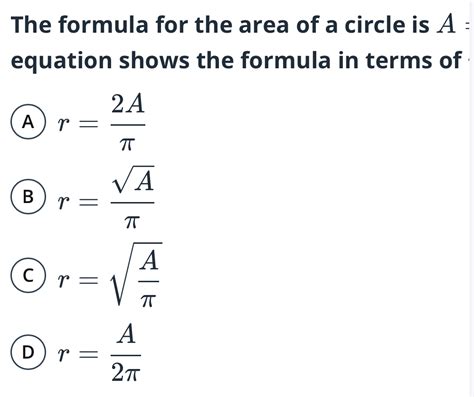 Solved The Formula For The Area Of A Circle Is A Equation Shows The