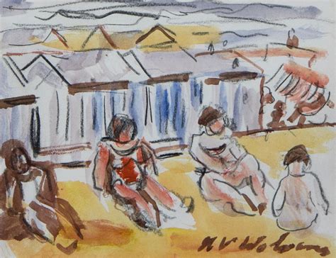 Lot Henri Victor Wolvens Watercolour Beach Cabins Signed