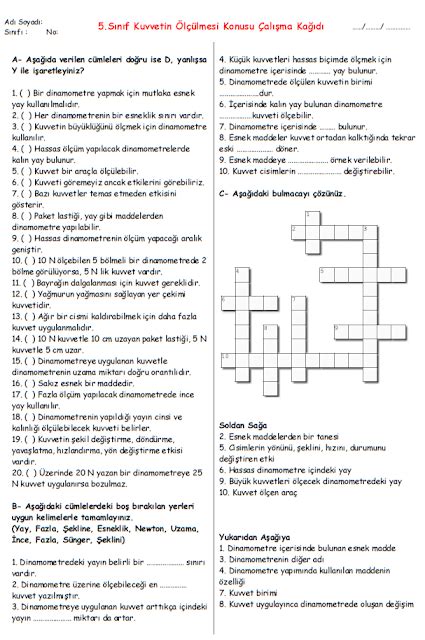 5 Sınıf Kuvvetin Ölçülmesi Çalışma Kağıdı Fen Bilimleri