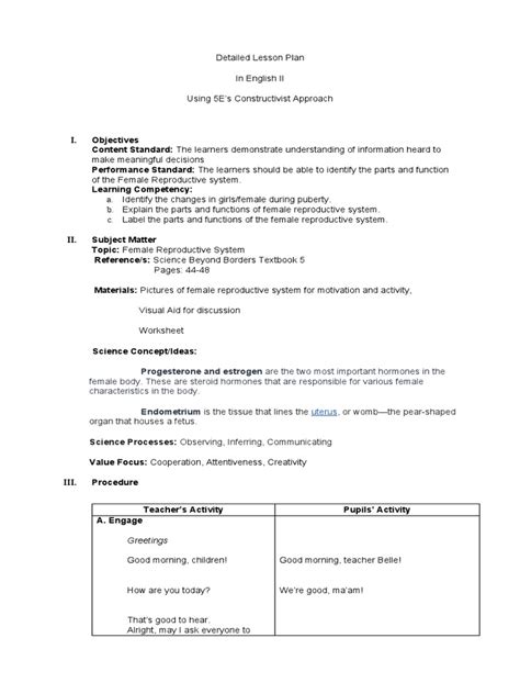 Female Reproductive System Lesson Plan Pdf Uterus Reproductive System