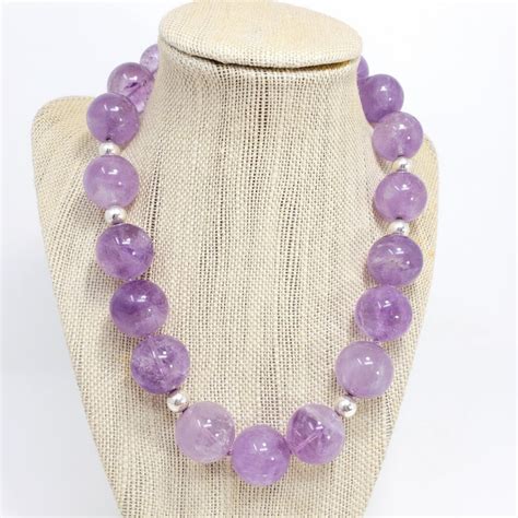 Large Genuine Amethyst 20mm Bead Necklace With Sterling Silver Beads