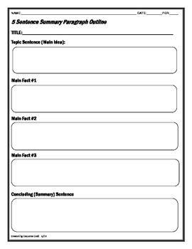 Summary Paragraph Outline- 5 Sentences (Elementary/Early Middle)