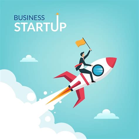 Premium Vector Successful Businessman Start Up Holding Flag On Rocket