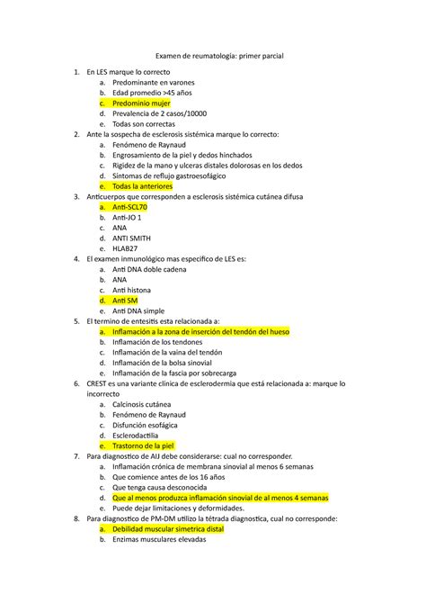 Examen Octubre Preguntas Y Respuestas Examen De Reumatolog A