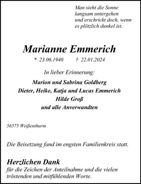 Traueranzeigen Von Marianne Emmerich Rz Trauer De