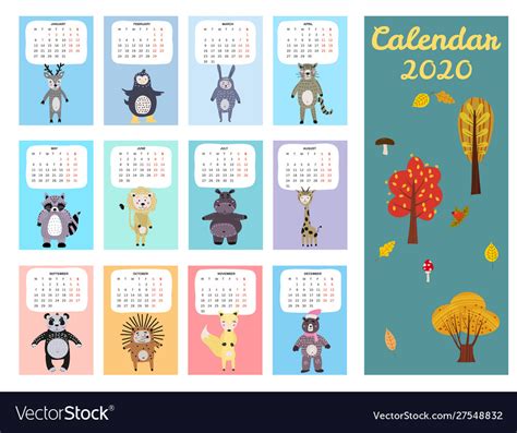 2020 calendar cute animals characters monthly Vector Image