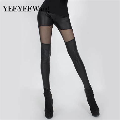 Yeeyeewang Faux Leather Leggings Women Net Yarn Splicing Slim Thin