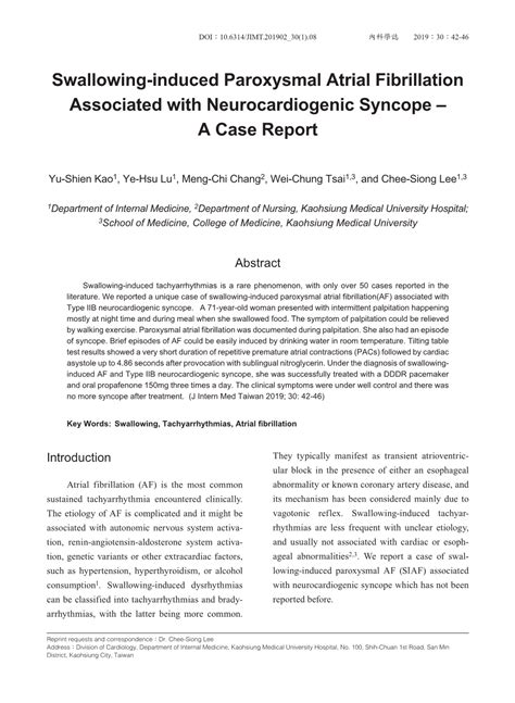 Swallowing Induced Paroxysmal Atrial Fibrillation Associated With Neurocardiogenic Syncope A