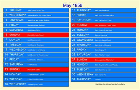 May 1956 Roman Catholic Saints Calendar