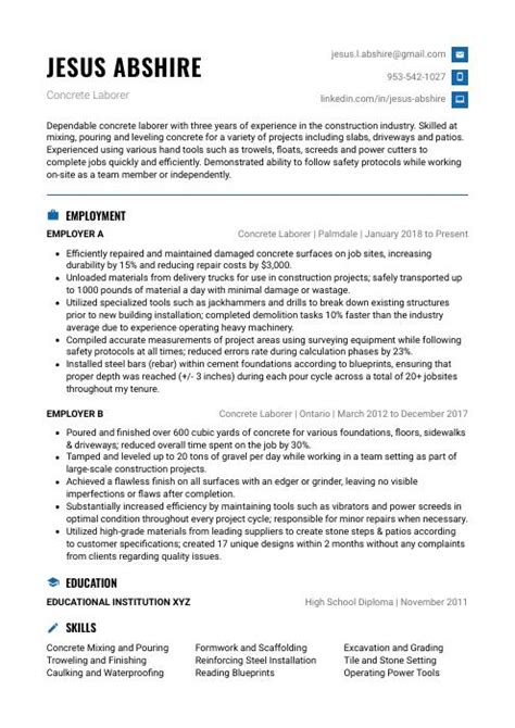 Concrete Laborer Resume (CV) Example and Writing Guide