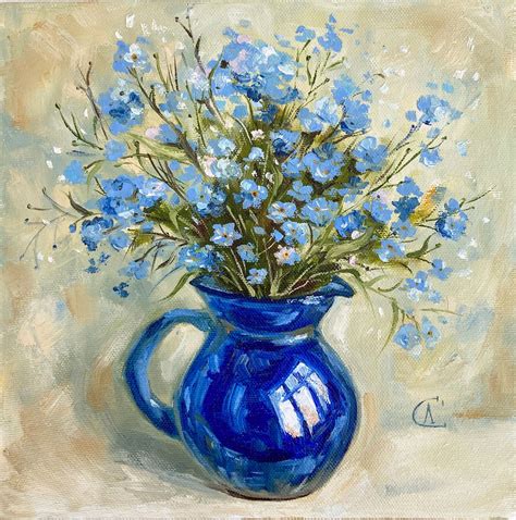 Forget Me Not Oil Original Painting On Stretched Canvas Flowers Painting Original Oil Hand Made