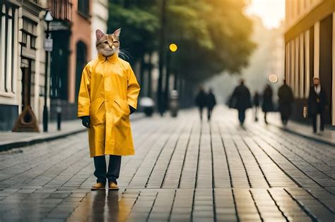 Premium AI Image | cat in a raincoat with a yellow raincoat on the street